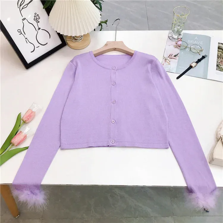 Brand New Chic Detachable Feather Long Sleeve Sweater Cardigan Short Black Fashion Coat Women Autumn Tops  B-013