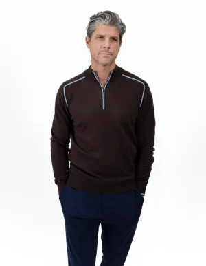 Brown Quarter Zip Sweater with Light Blue Trim