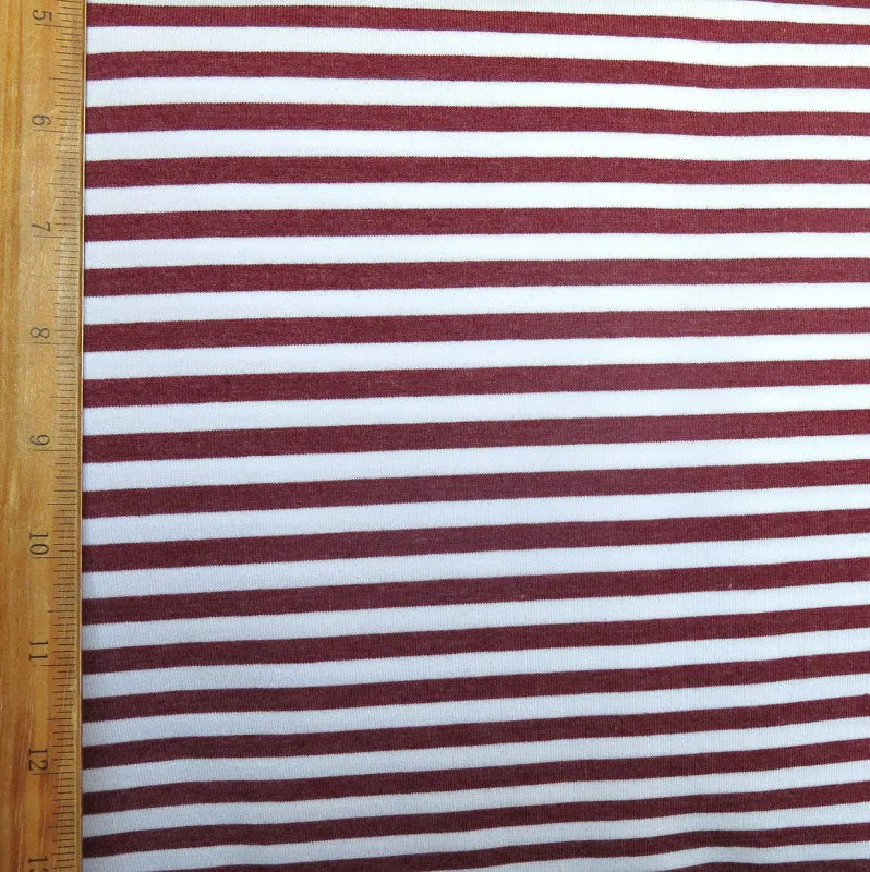 Burgundy and White 1/4" wide Stripe Cotton Lycra Knit Fabric