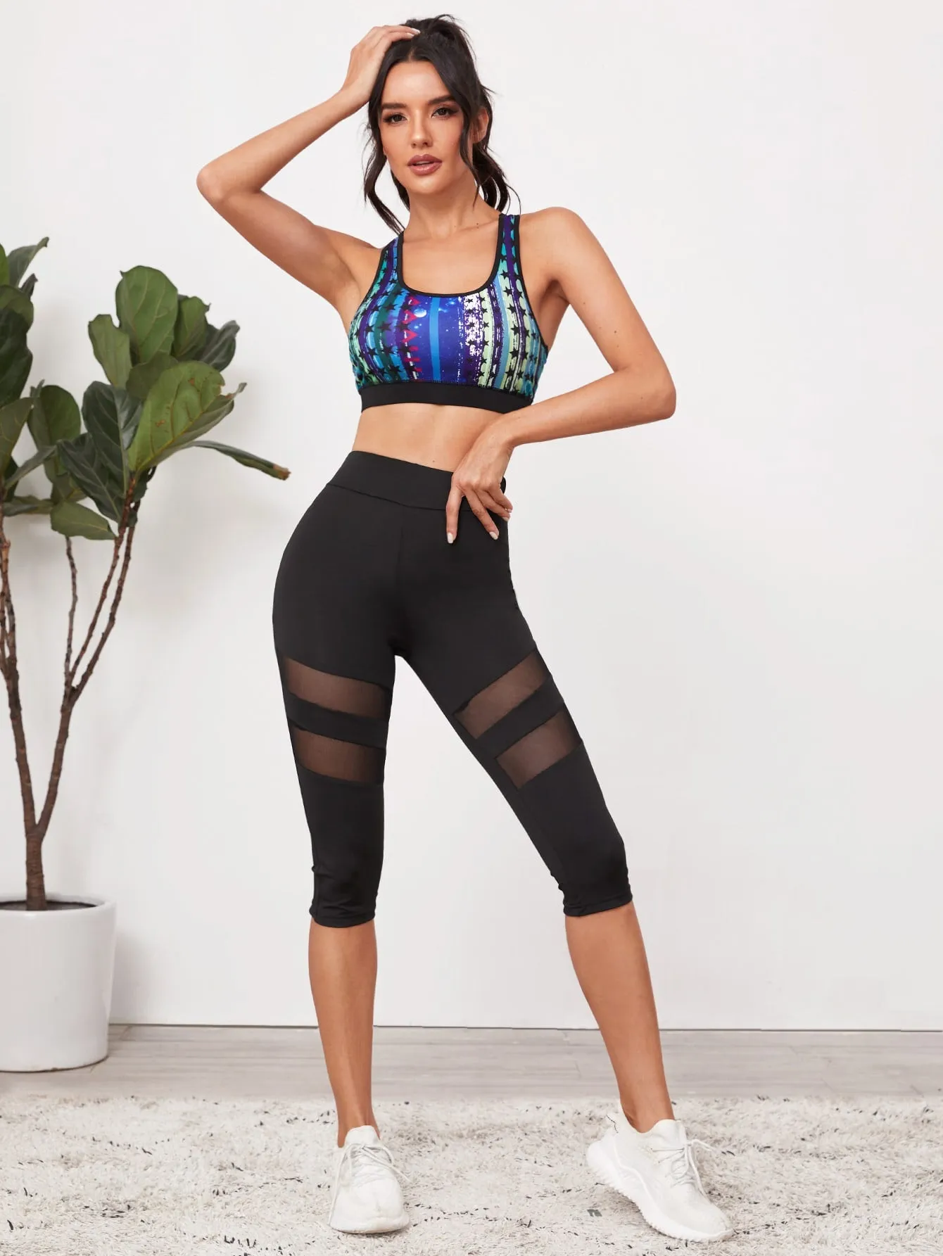 Casual Plain Contrast Mesh Capris Women Leggings