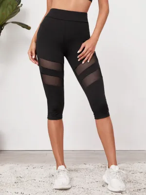 Casual Plain Contrast Mesh Capris Women Leggings