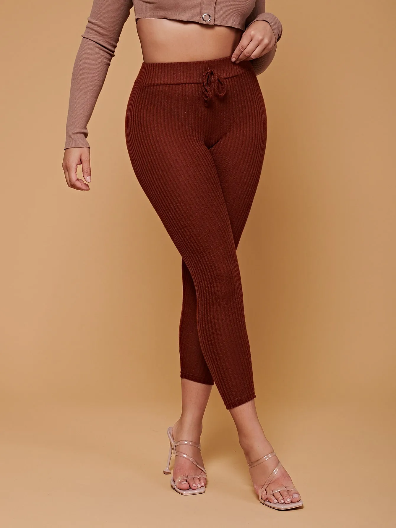 Casual Plain Knot Semi-Sheer Cropped Women Leggings