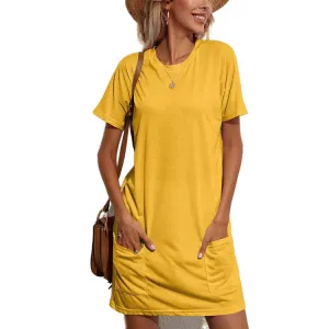 Casual T Shirt Dress With Pocket, Round Neck, Lightweight 3 Colors