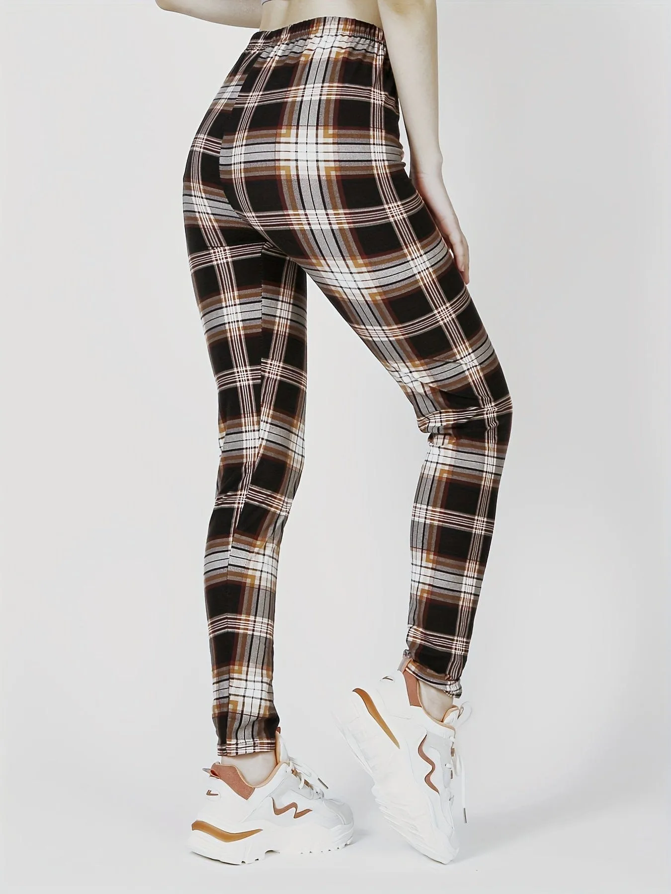 Casual Trendy Stylish High Waist Elastic Plaid Slim Leggings