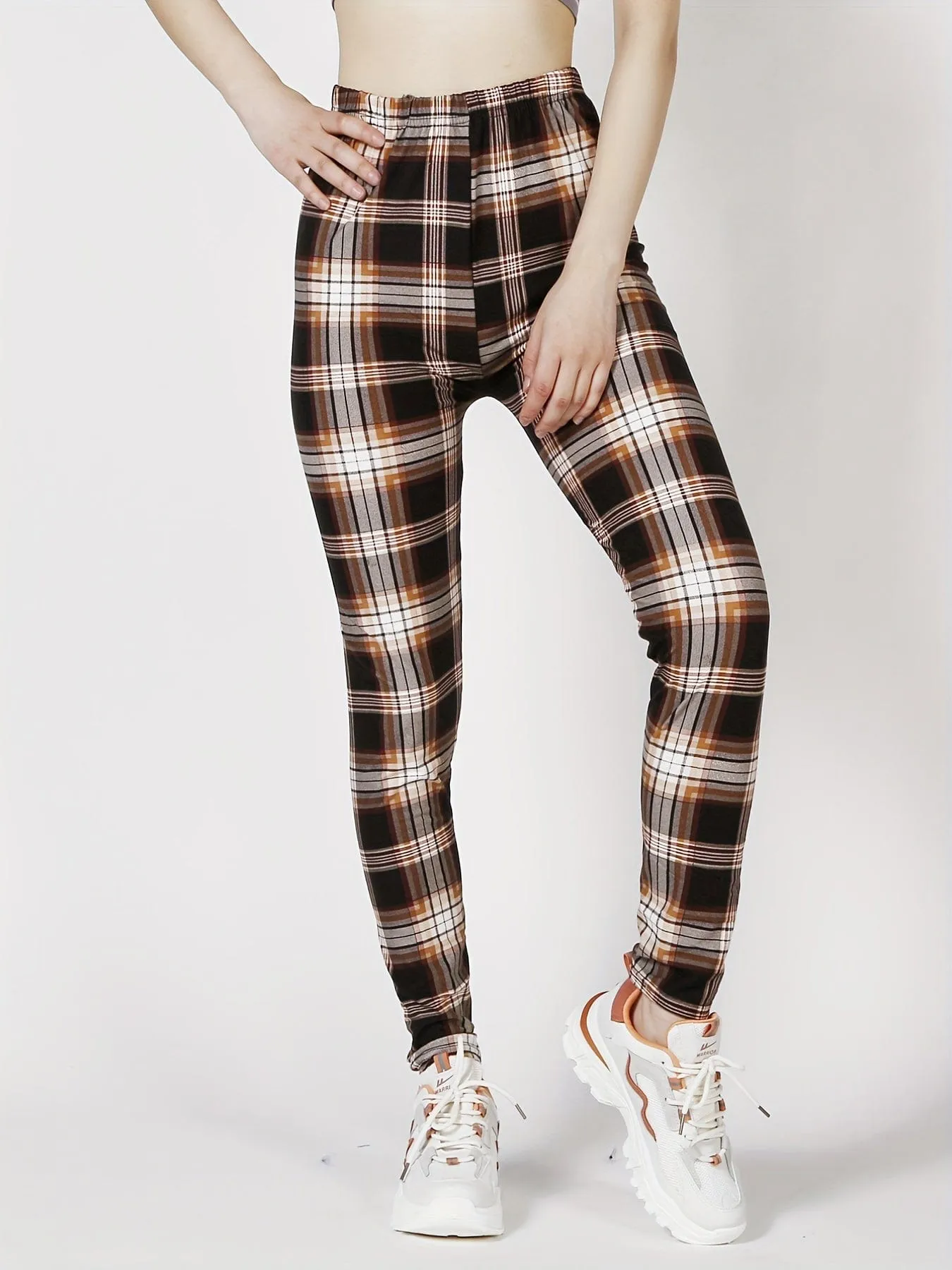 Casual Trendy Stylish High Waist Elastic Plaid Slim Leggings