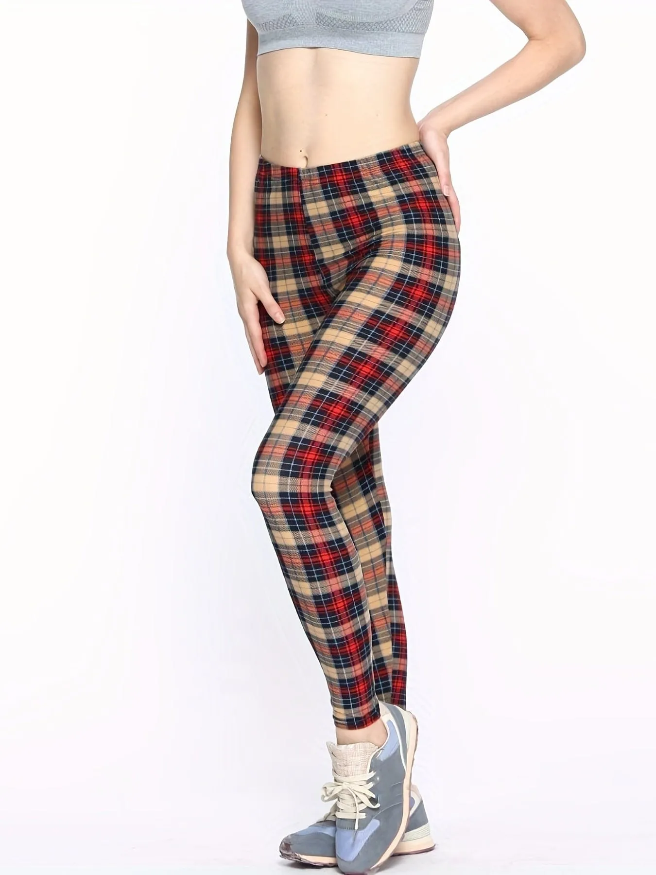 Casual Trendy Stylish High Waist Elastic Plaid Slim Leggings