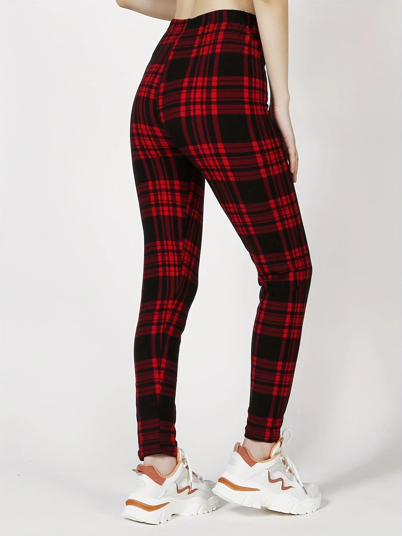 Casual Trendy Stylish High Waist Elastic Plaid Slim Leggings