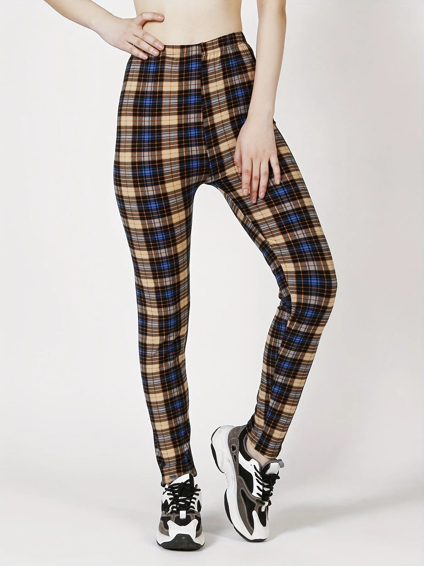 Casual Trendy Stylish High Waist Elastic Plaid Slim Leggings