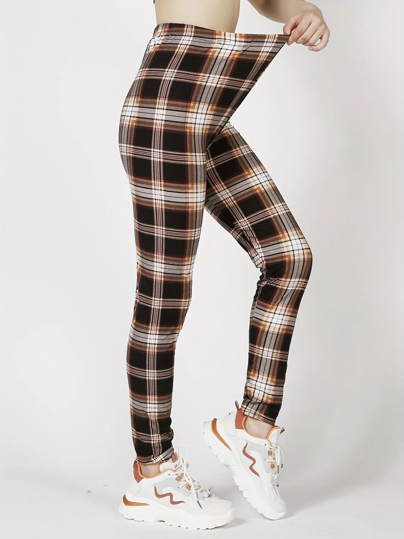 Casual Trendy Stylish High Waist Elastic Plaid Slim Leggings