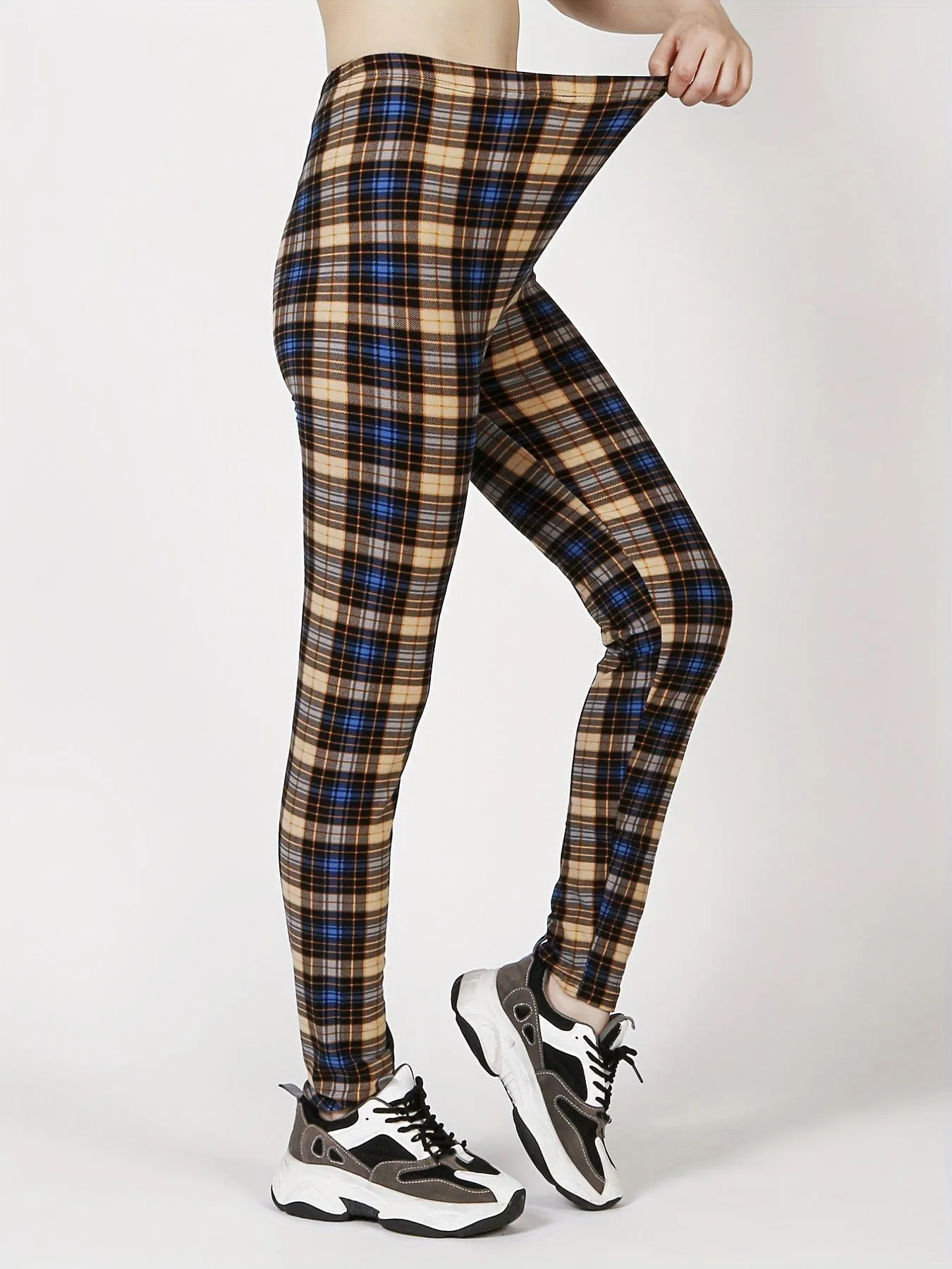 Casual Trendy Stylish High Waist Elastic Plaid Slim Leggings