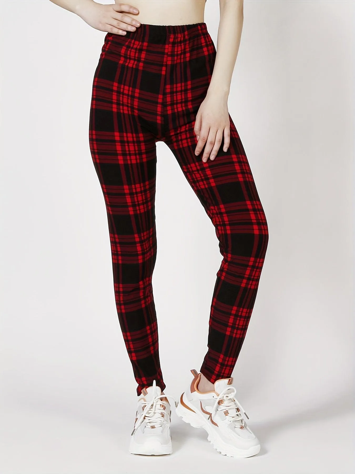 Casual Trendy Stylish High Waist Elastic Plaid Slim Leggings