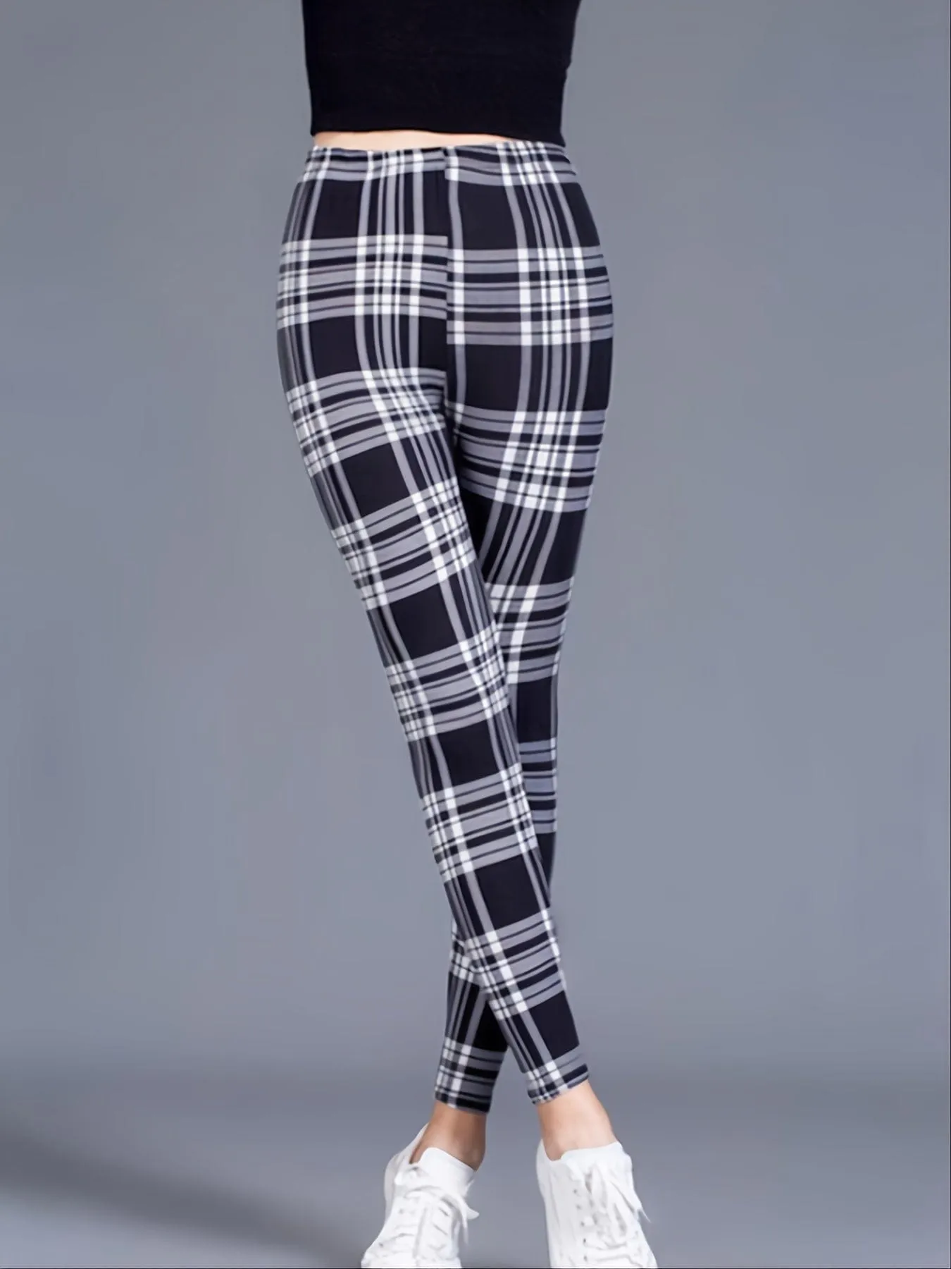 Casual Trendy Stylish High Waist Elastic Plaid Slim Leggings