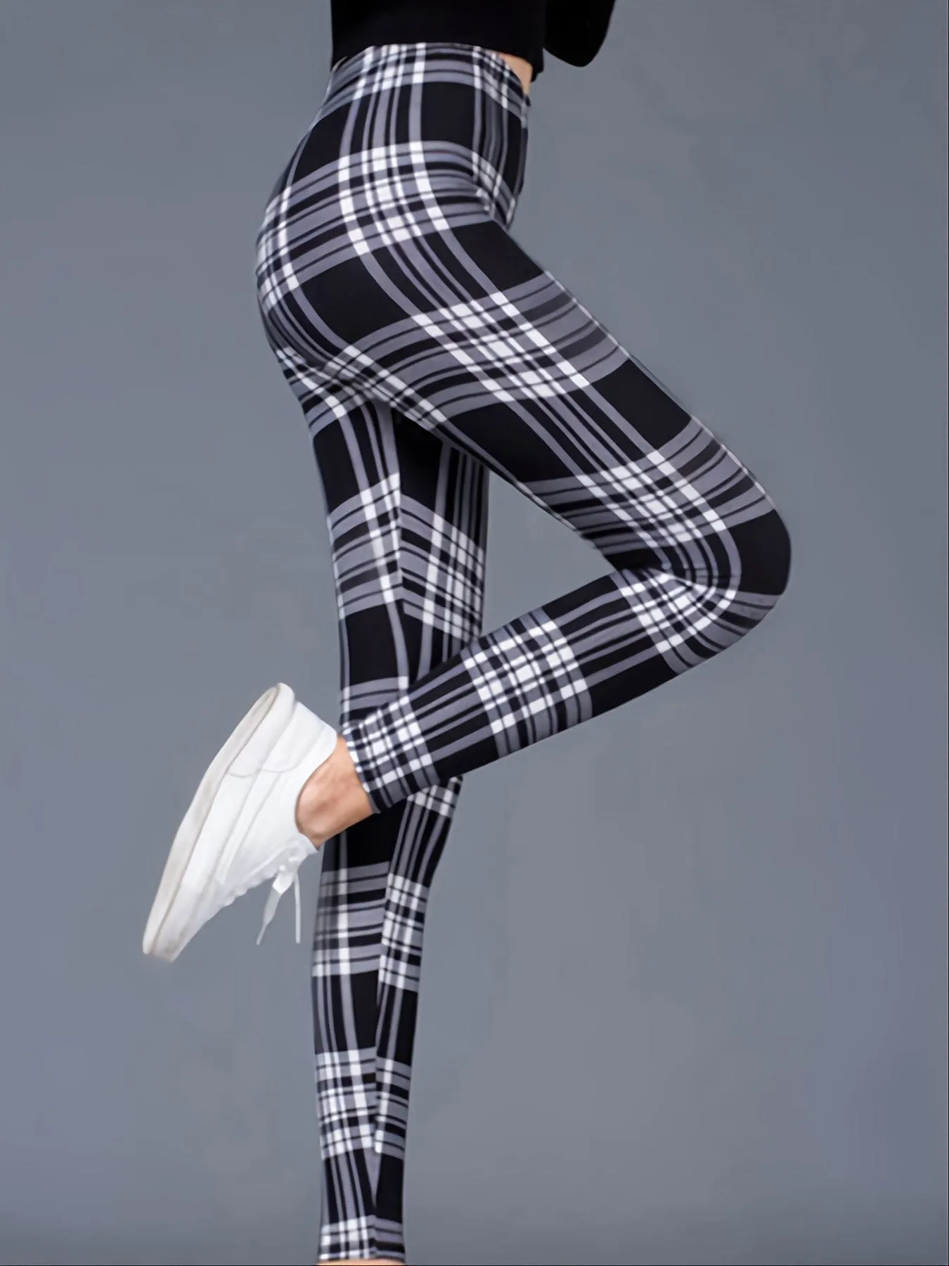 Casual Trendy Stylish High Waist Elastic Plaid Slim Leggings