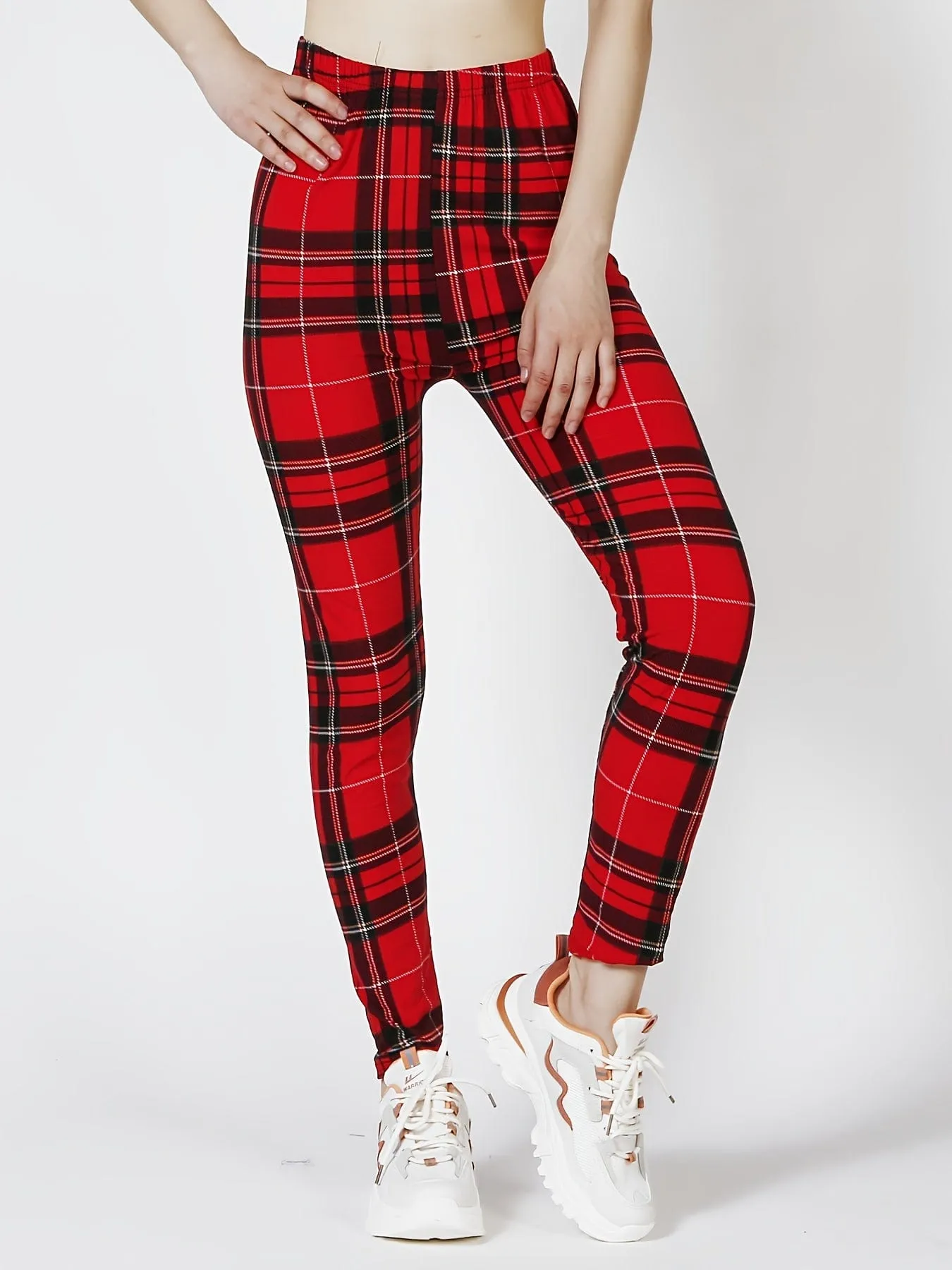 Casual Trendy Stylish High Waist Elastic Plaid Slim Leggings