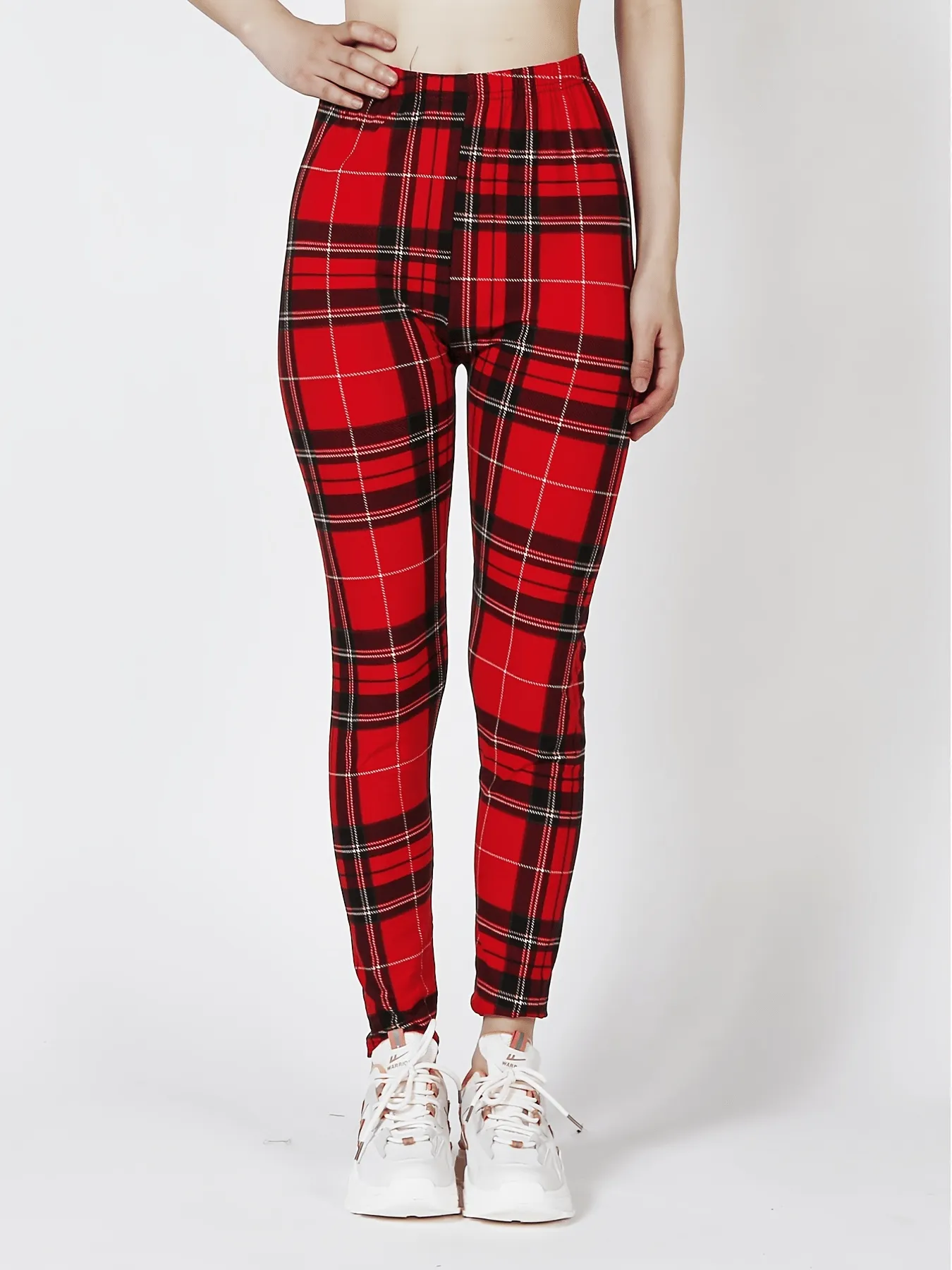 Casual Trendy Stylish High Waist Elastic Plaid Slim Leggings