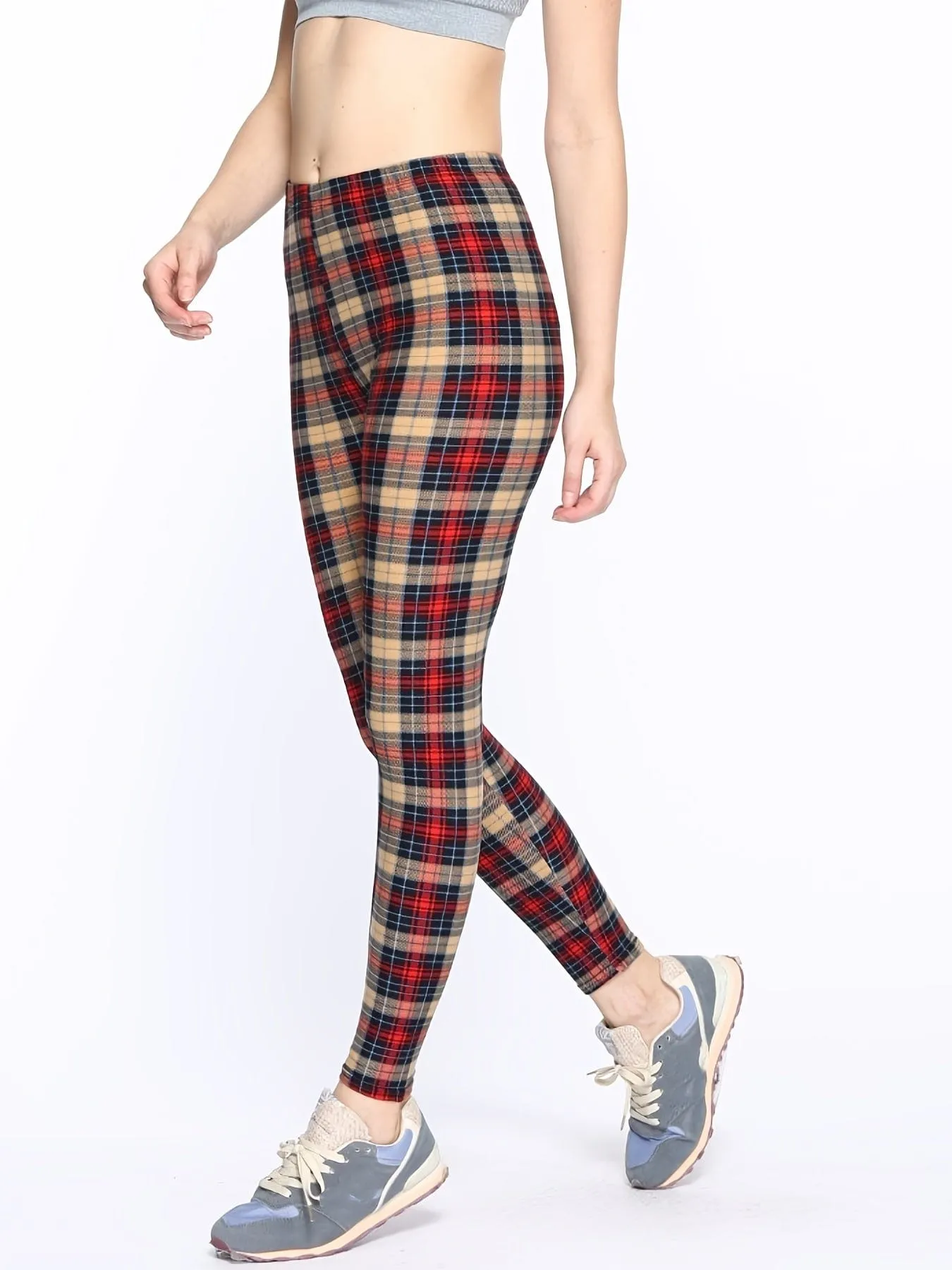 Casual Trendy Stylish High Waist Elastic Plaid Slim Leggings