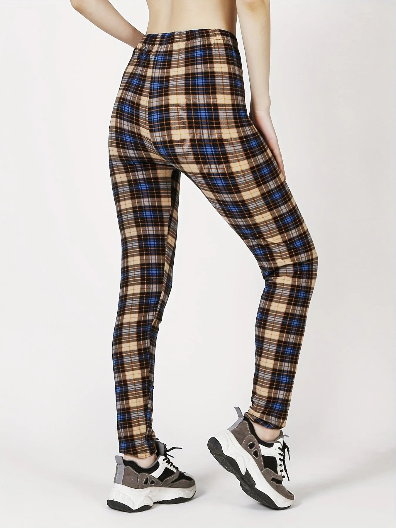 Casual Trendy Stylish High Waist Elastic Plaid Slim Leggings