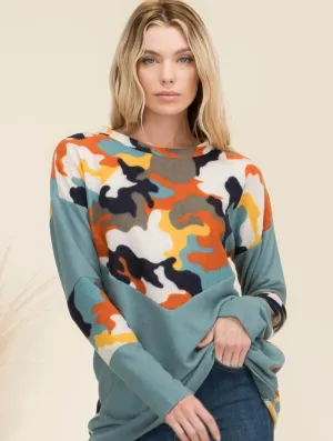 Celeste Full Size Camo Print Contrast Long Sleeve T-Shirt