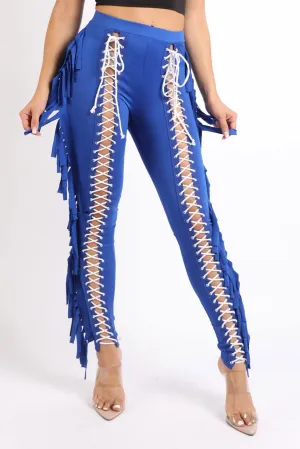 Chic Royal Blue Lace-Up Fringe Tassel Leggings