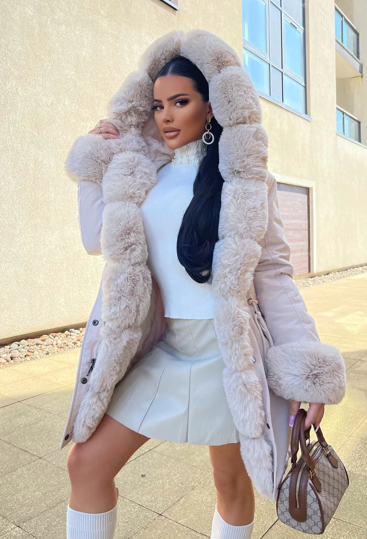 Cocoa Kisses Cream Faux Fur Trim Parka Coat