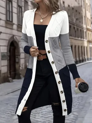 Color Block Botton Front Cardigan, Elegant Long Sleeve Cardigan For Fall & Winter, Women's Clothing