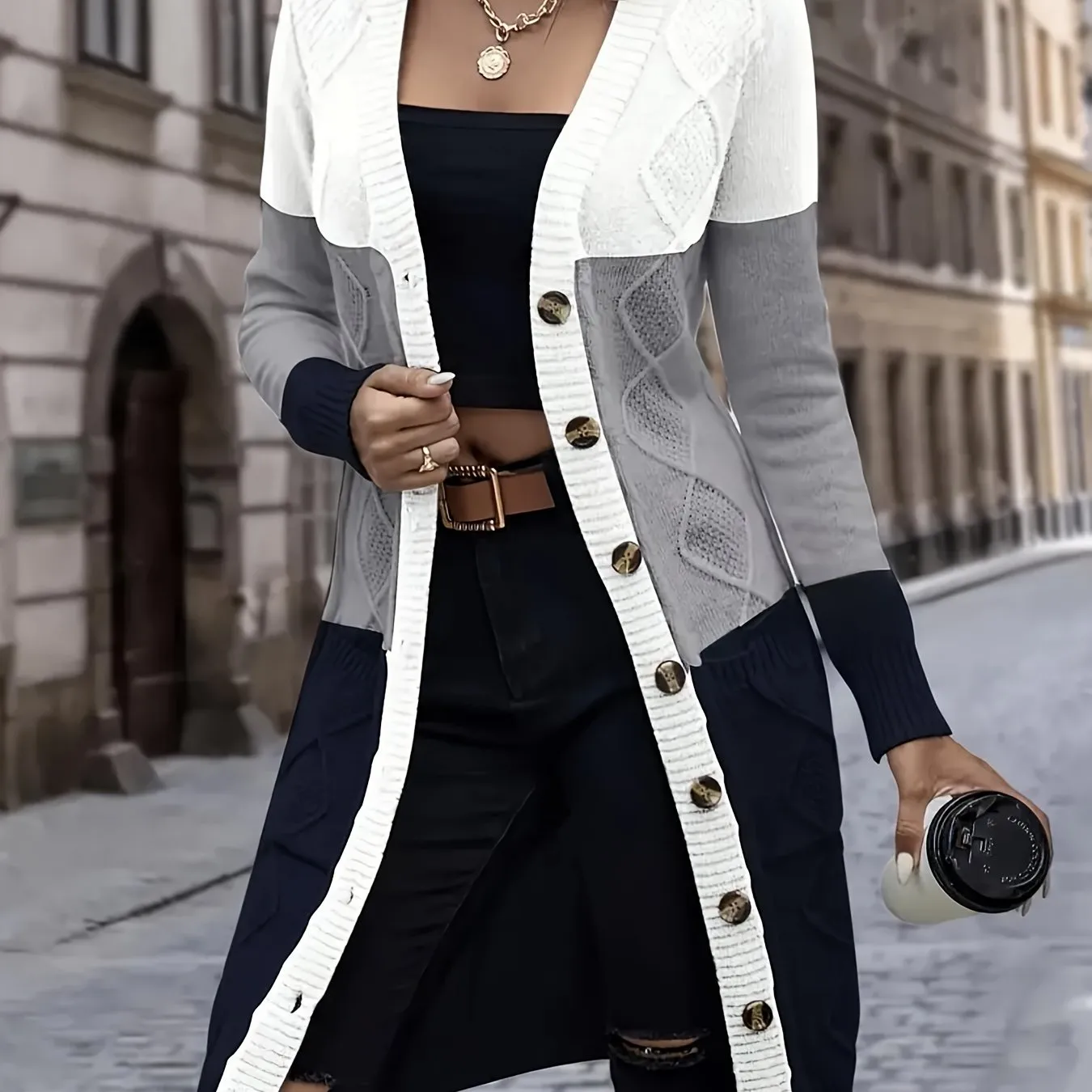 Color Block Botton Front Cardigan, Elegant Long Sleeve Cardigan For Fall & Winter, Women's Clothing