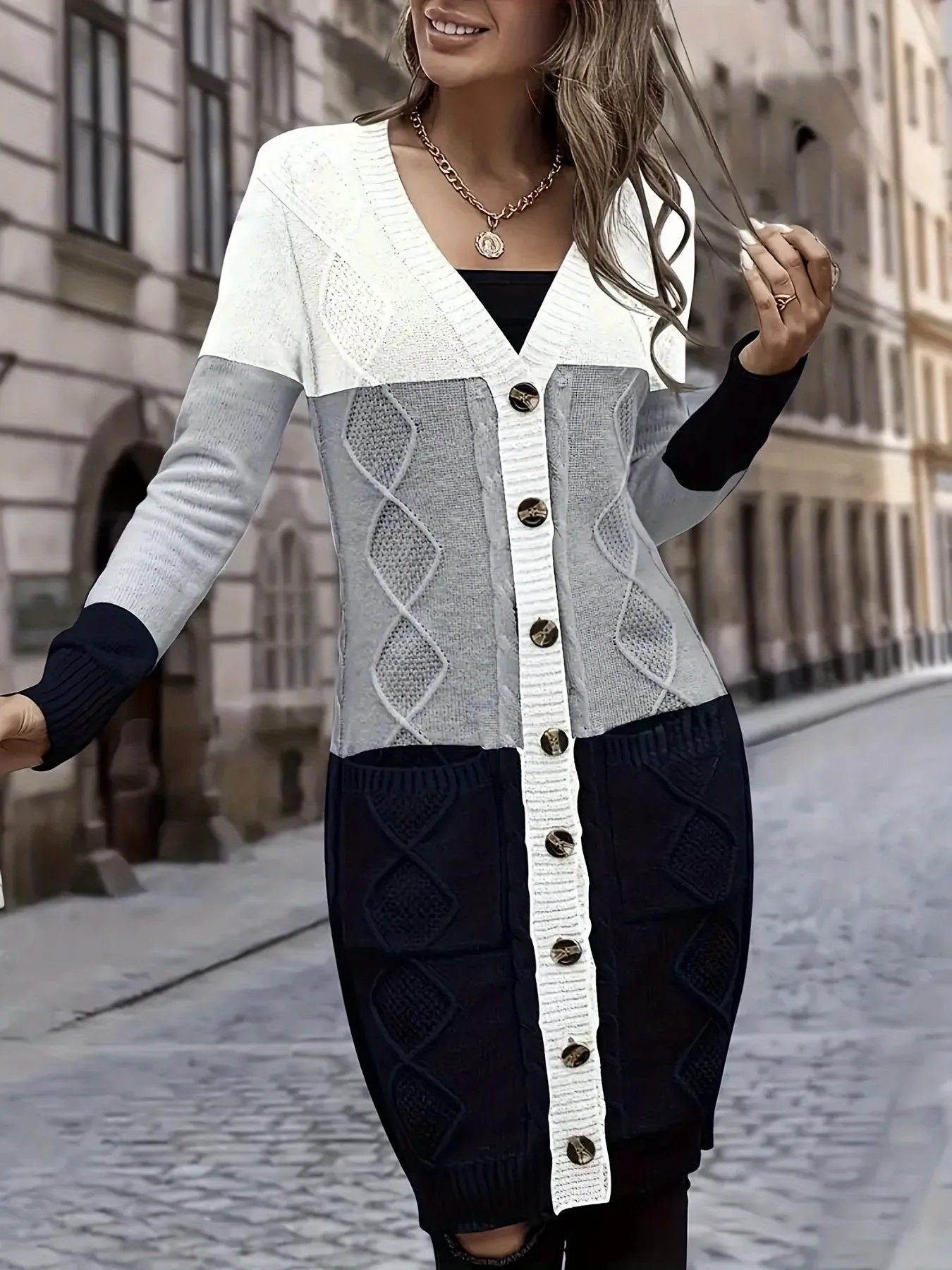 Color Block Botton Front Cardigan, Elegant Long Sleeve Cardigan For Fall & Winter, Women's Clothing