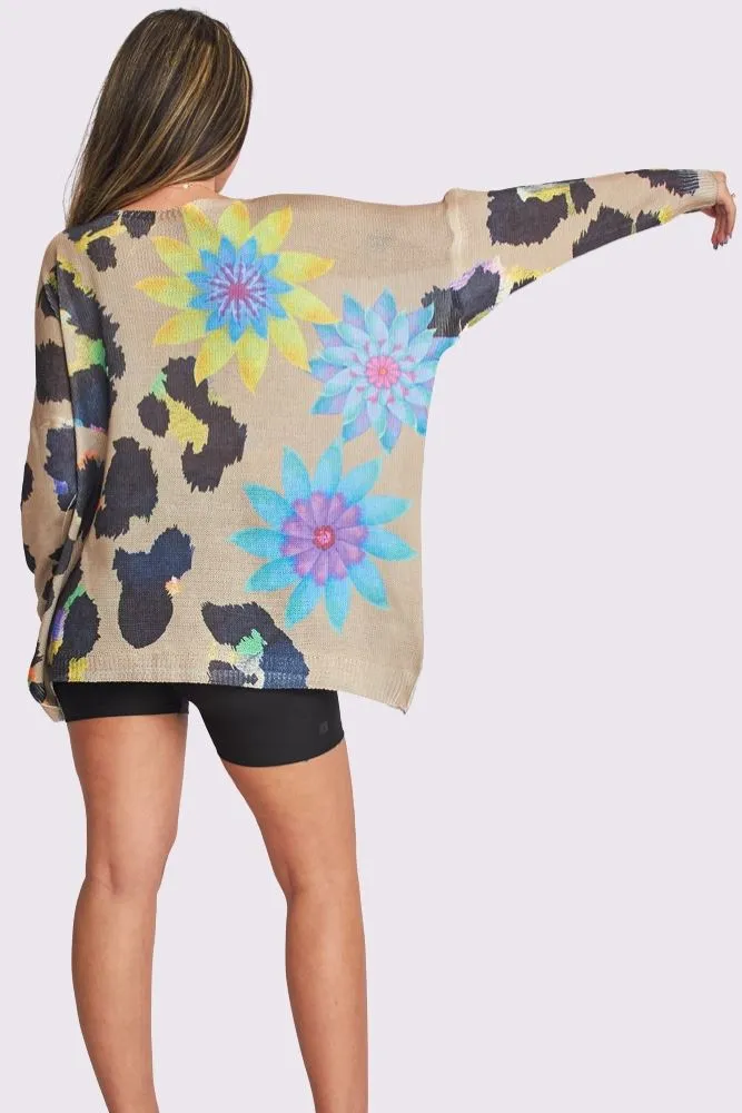 Colour Splash Flower Print Knit Style Oversized Top