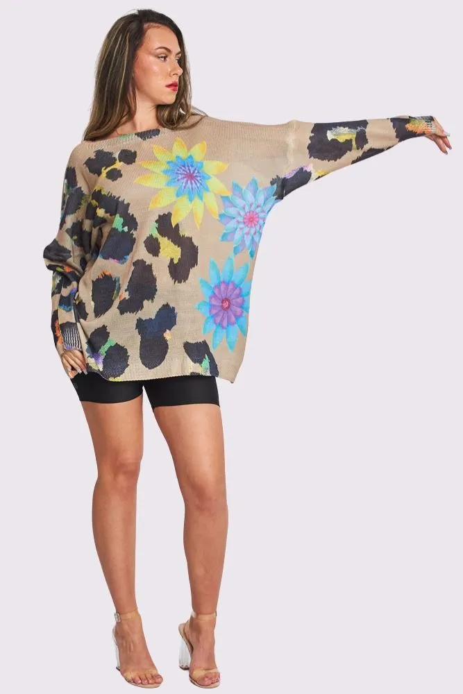 Colour Splash Flower Print Knit Style Oversized Top