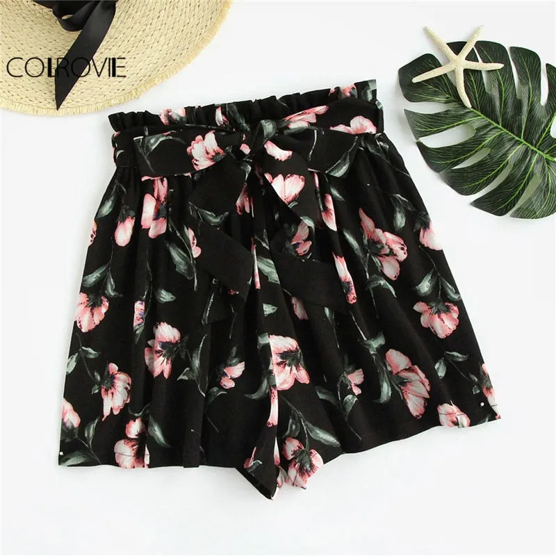 COLROVIE Bow Tie Belt Waist Flower Print Shorts Women Black Elastic Waist Lace Up Loose Bottom 2018 Mid Waist Casual Shorts