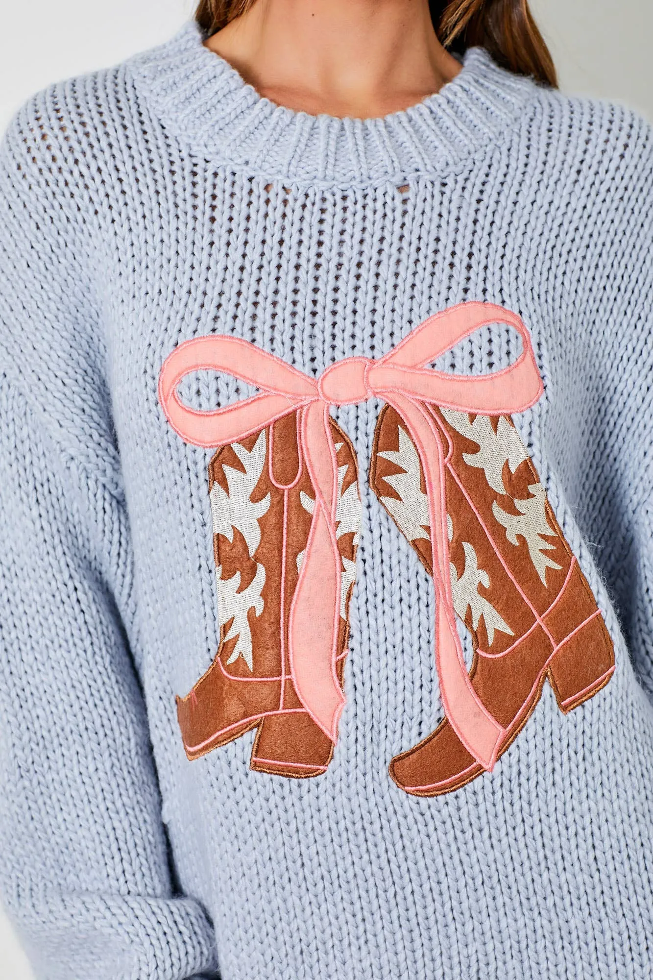 COWBOY BOOTS AND BOW BLUE KNIT LONG SLEEVE SWEATER