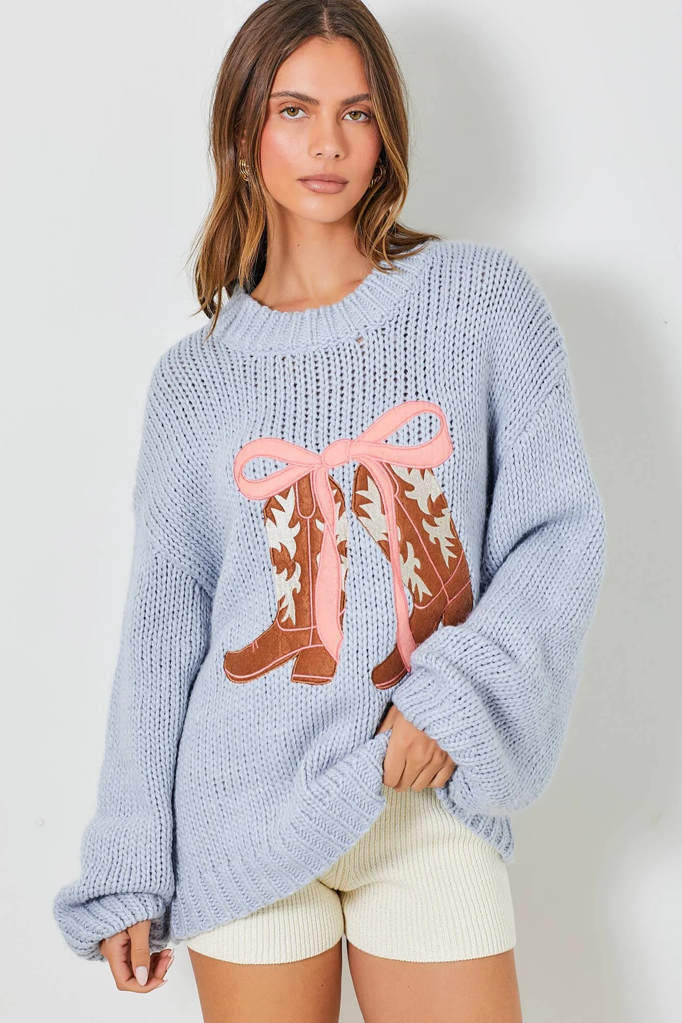 COWBOY BOOTS AND BOW BLUE KNIT LONG SLEEVE SWEATER