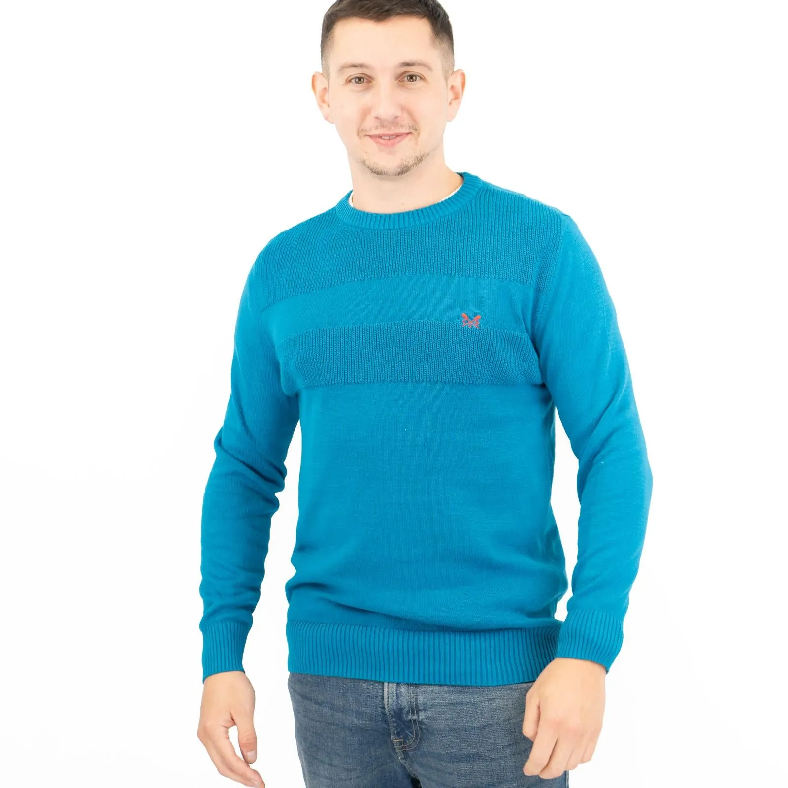 Crew Clothing Mens Rib Knitted Jumper Long Sleeve Blue