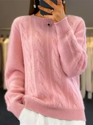 Crew Neck Solid Color Cable Knit Sweater