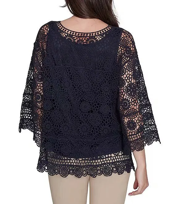 Crochet Boat Neck 3/4 Sleeve Sweater Navy - Ruby Rd