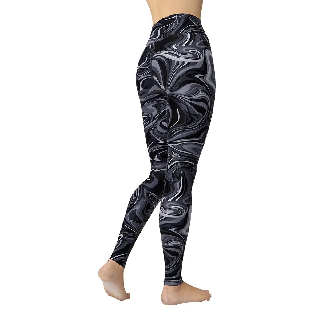 Dark Monochrome Marble Yoga Leggings