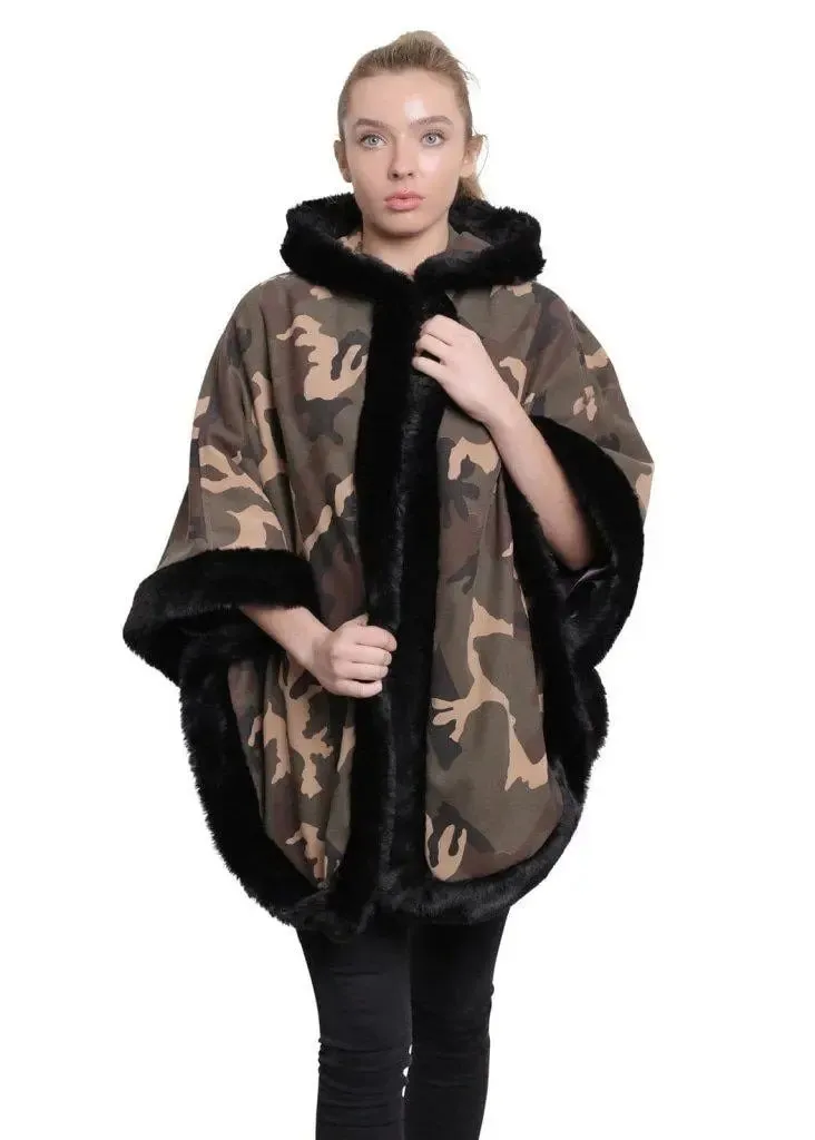 De La Creme - Women's Camo Print Fur Trim Hooded Cape