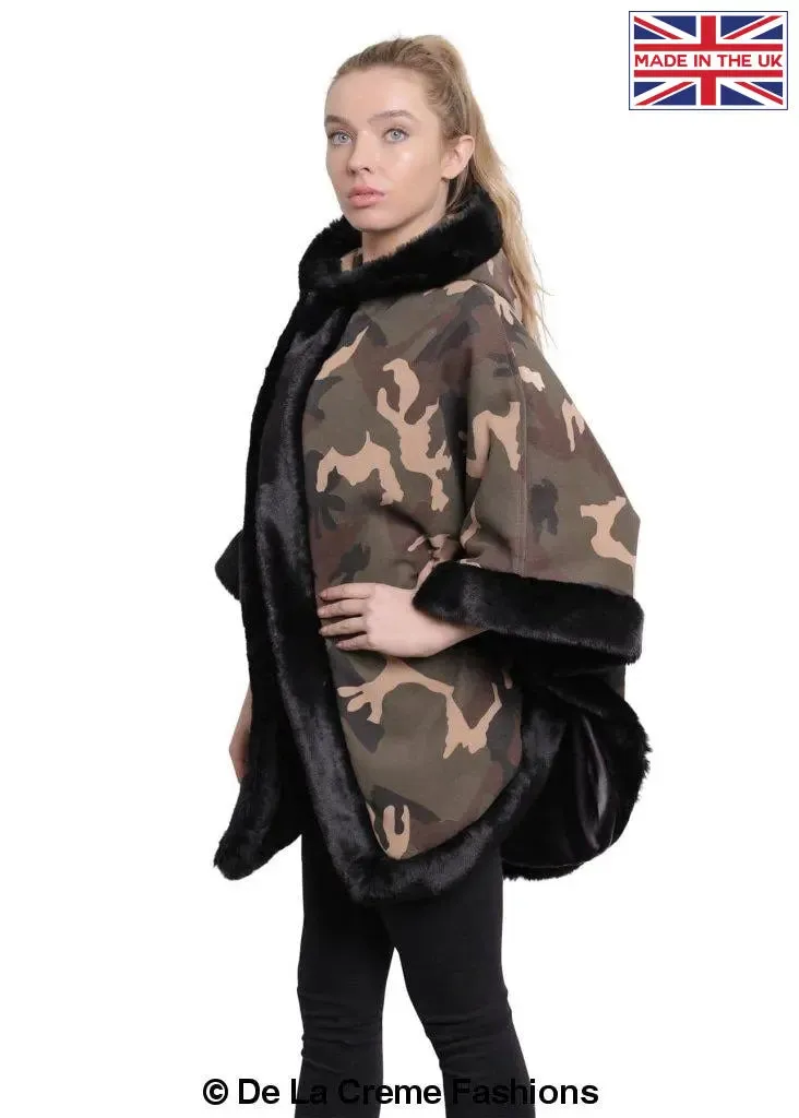 De La Creme - Women's Camo Print Fur Trim Hooded Cape