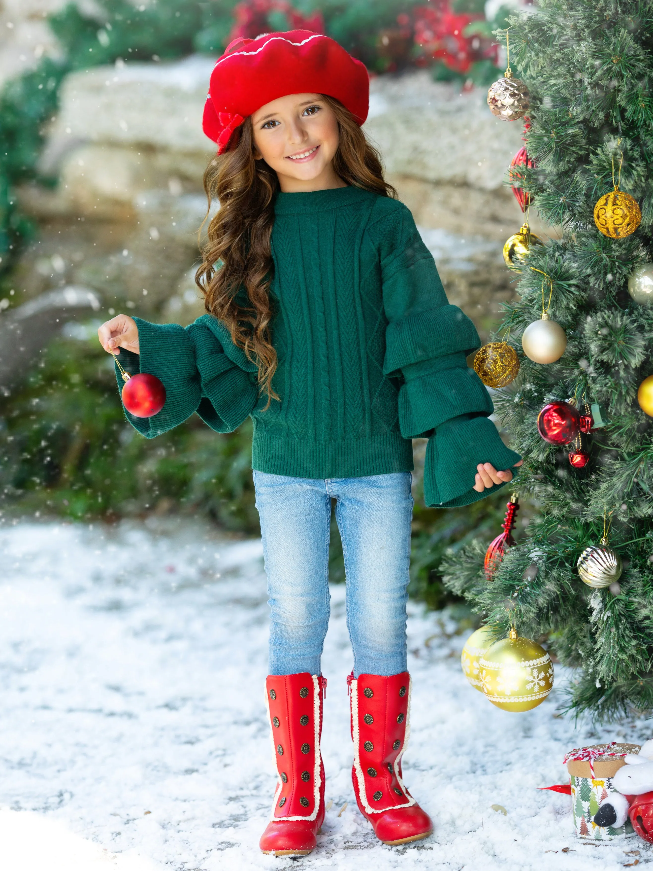 Deck The Halls Tiered Sleeve Cable Knit Sweater