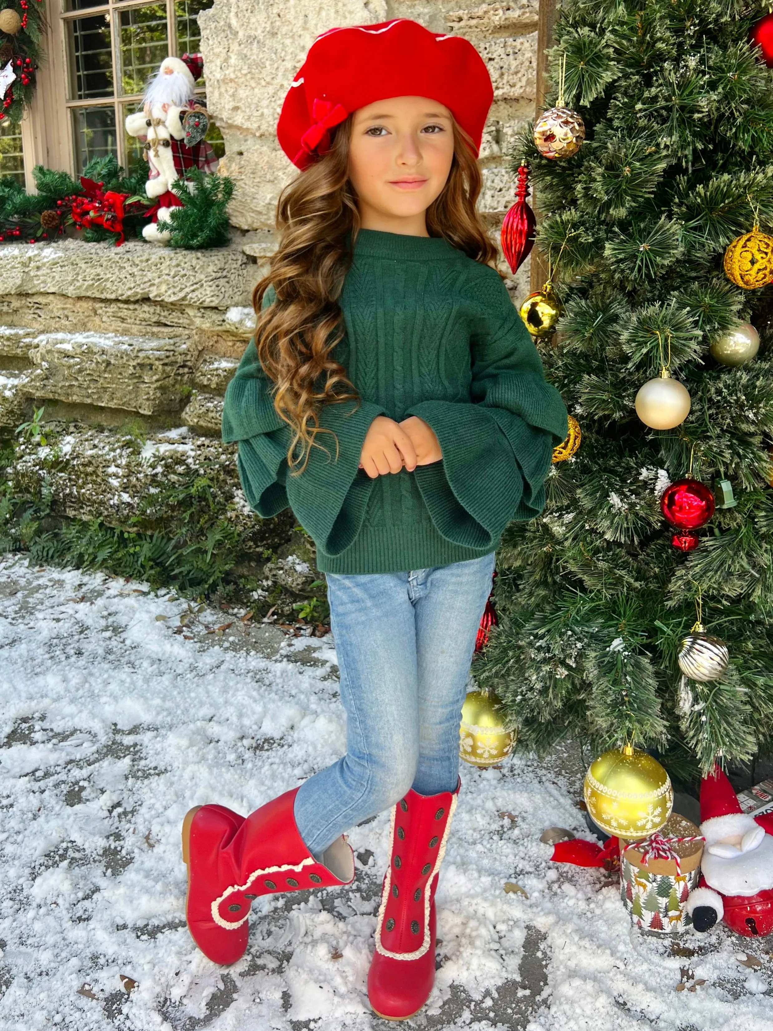 Deck The Halls Tiered Sleeve Cable Knit Sweater