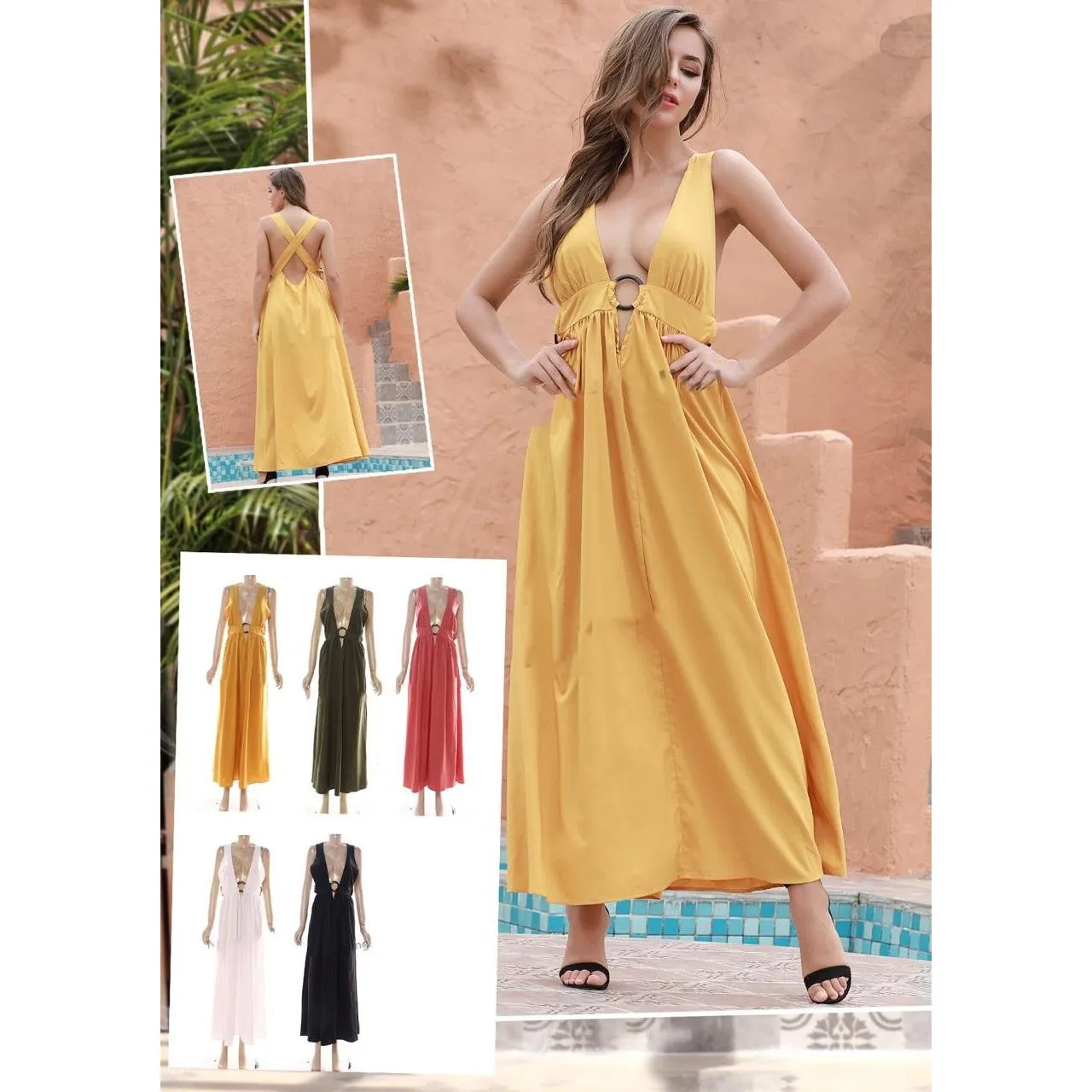 Deep V-Neck Sleeveless Maxi Dress 