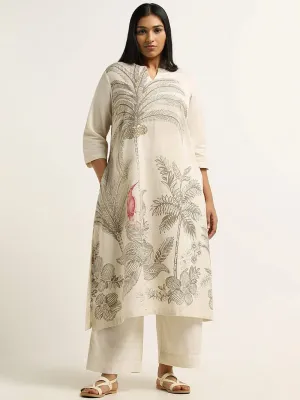 Diza Beige Printed Blended Linen Kurta