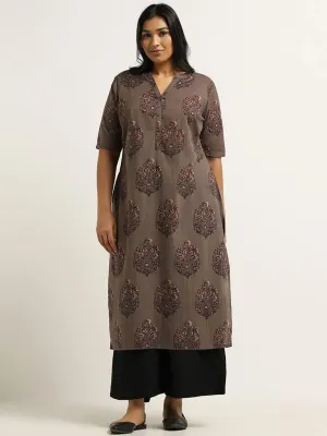 Diza Brown Floral Printed Cotton Kurta