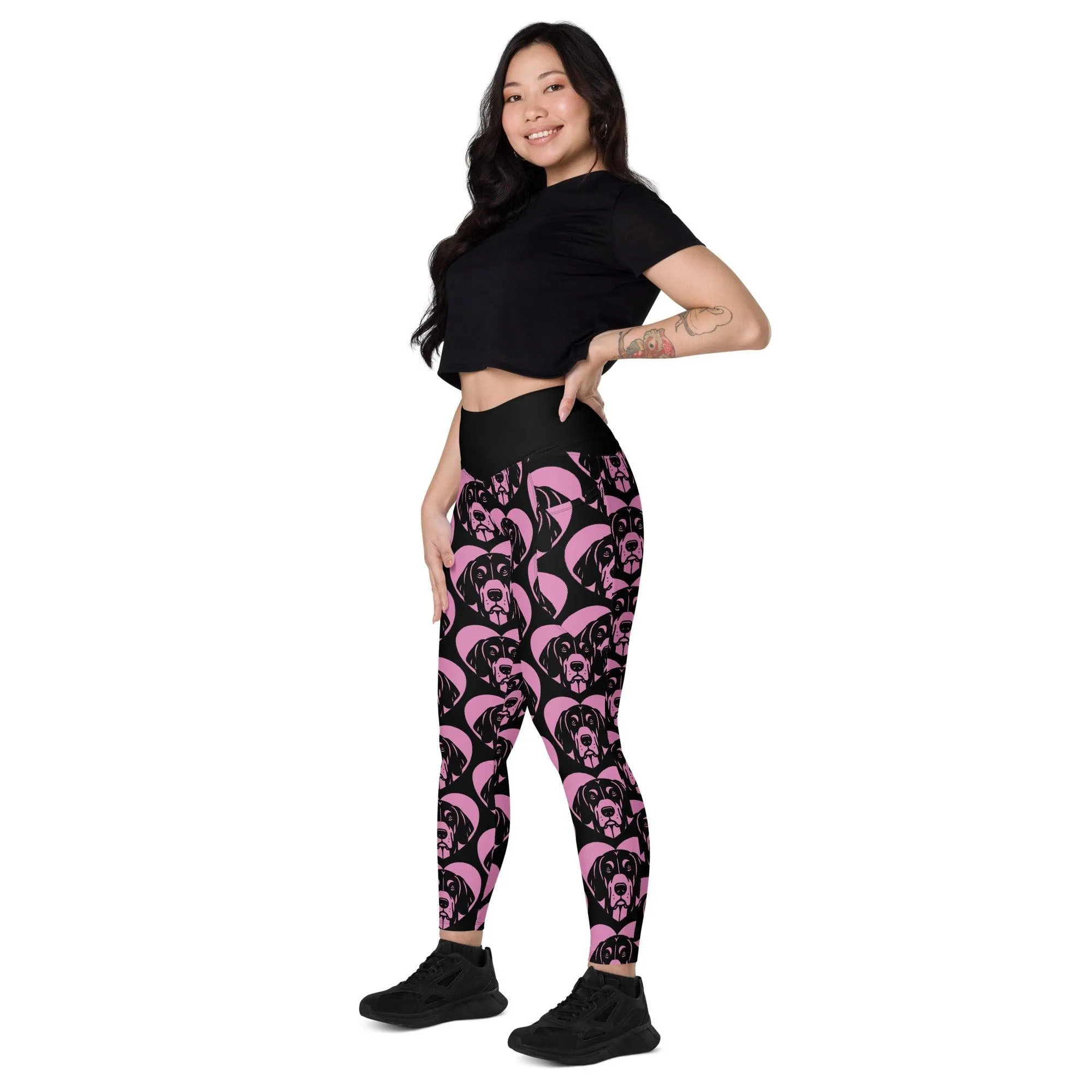 DOG BREED LEGGINGS with pockets - BLACK AND TAN COONHOUND - HERTTAHOUND - pink