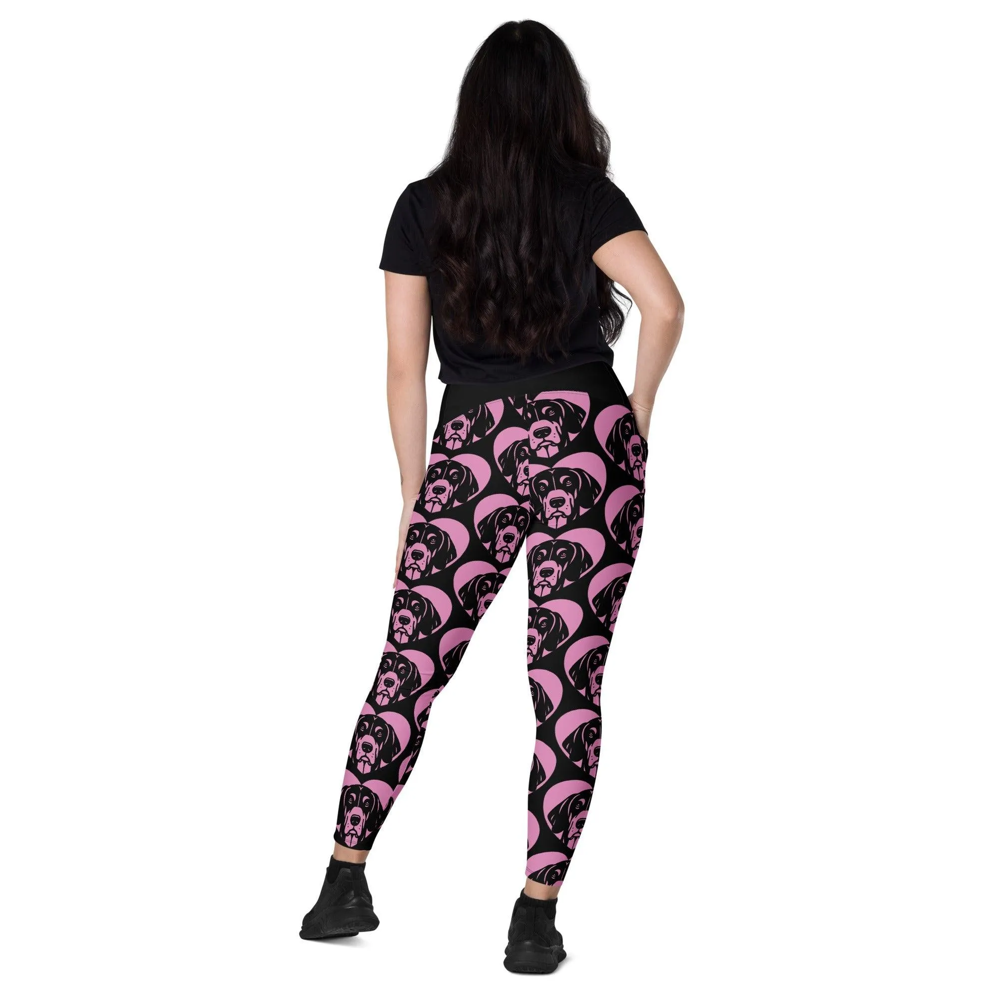 DOG BREED LEGGINGS with pockets - BLACK AND TAN COONHOUND - HERTTAHOUND - pink