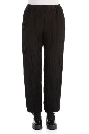 Elegant Crinkled Black Silk Trousers