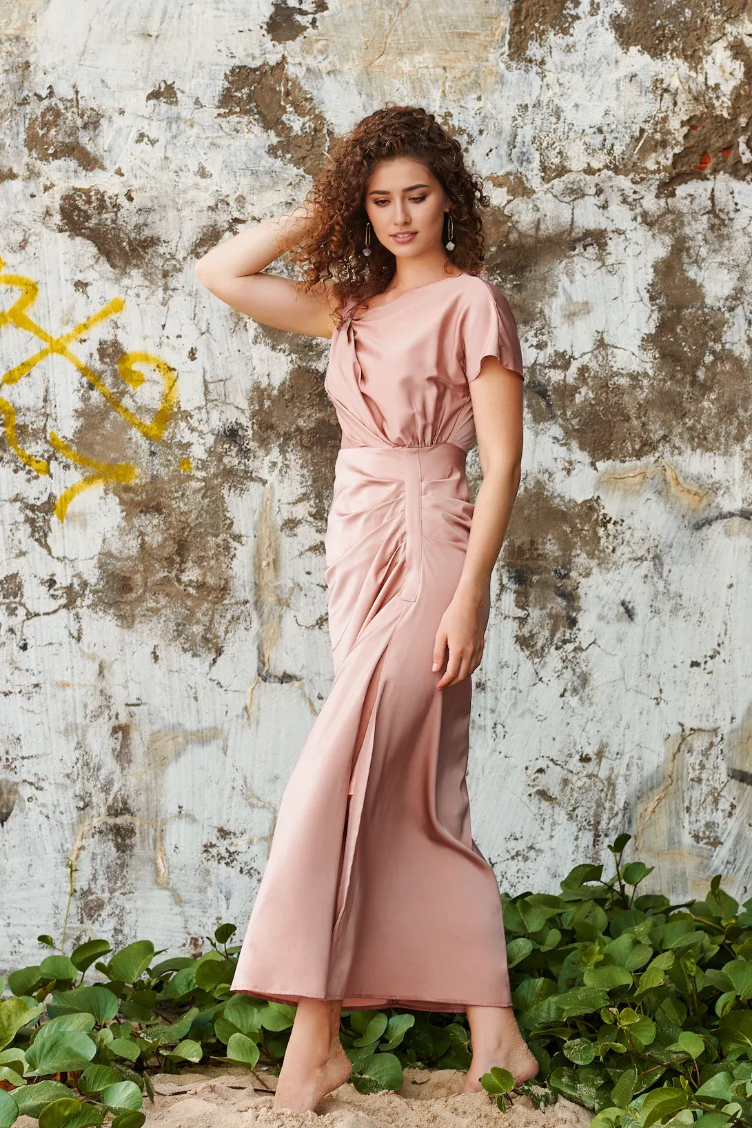 Elegant Twist Front Draped Ruched Bridesmaid Dress Satin Maxi Dress Wedding Guest Dress