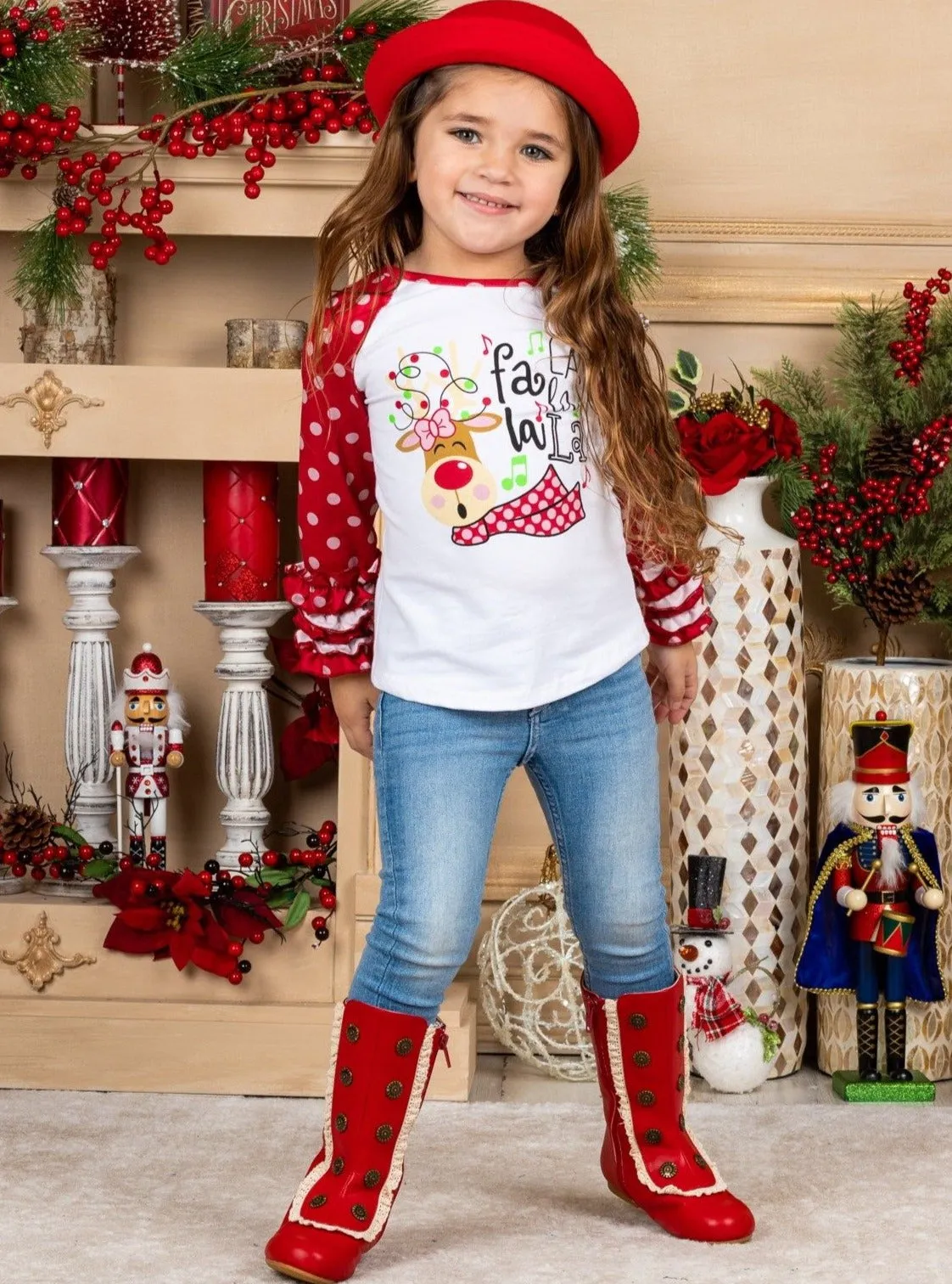 Fa La La La La Polka Dot Ruffle Raglan Top