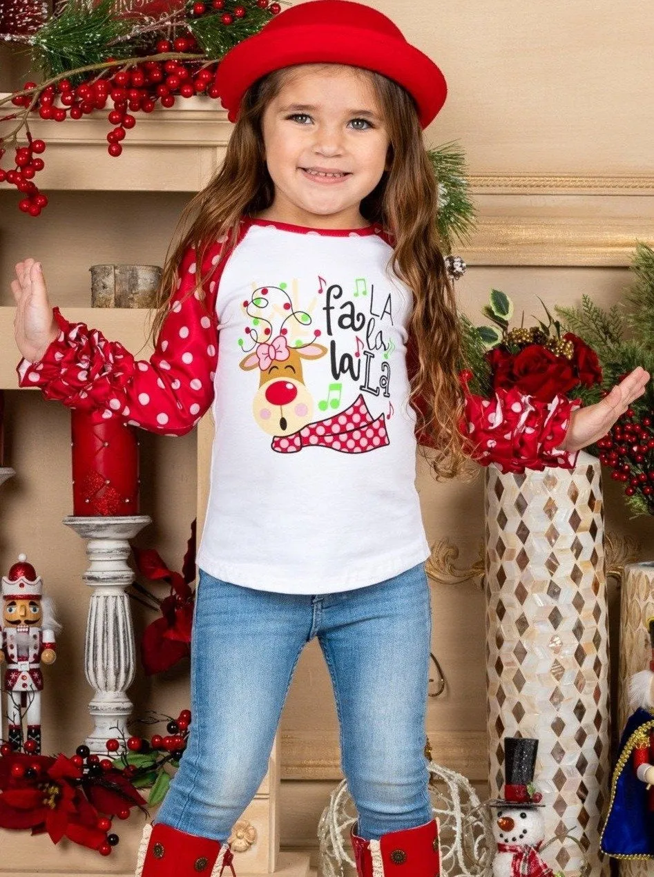 Fa La La La La Polka Dot Ruffle Raglan Top