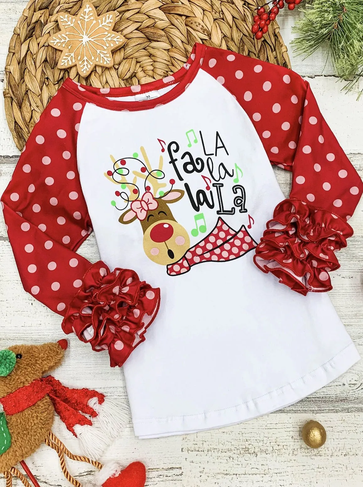 Fa La La La La Polka Dot Ruffle Raglan Top